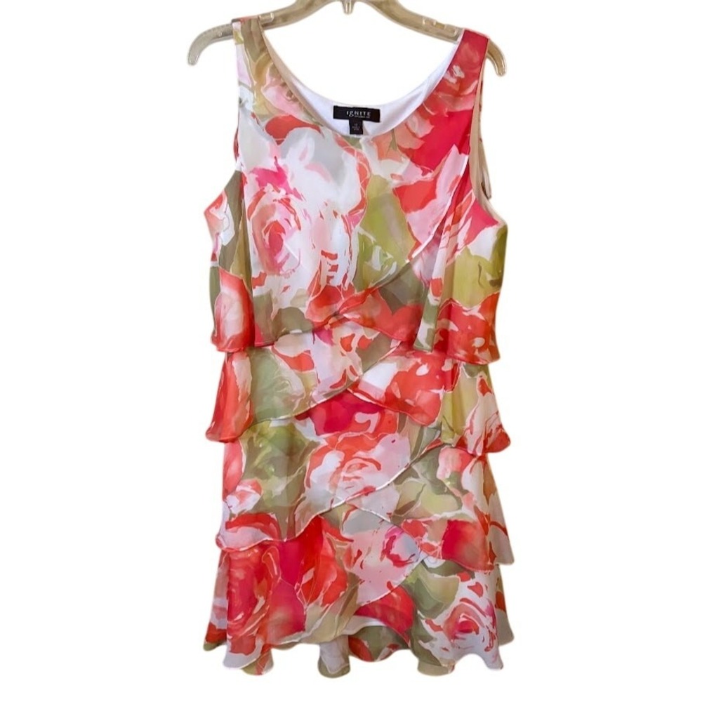 Ignite‎ Chiffon Tiered Dress Womens 18 Coral Pink Floral Excellent Sleeveless